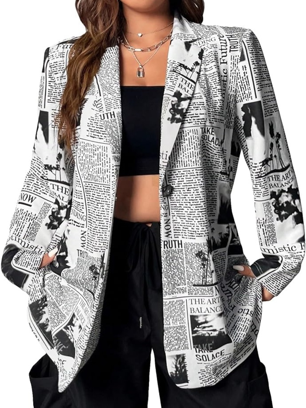 Newspaper Print Black & White Women's Single Button Blazer Jacket NWT Size XL